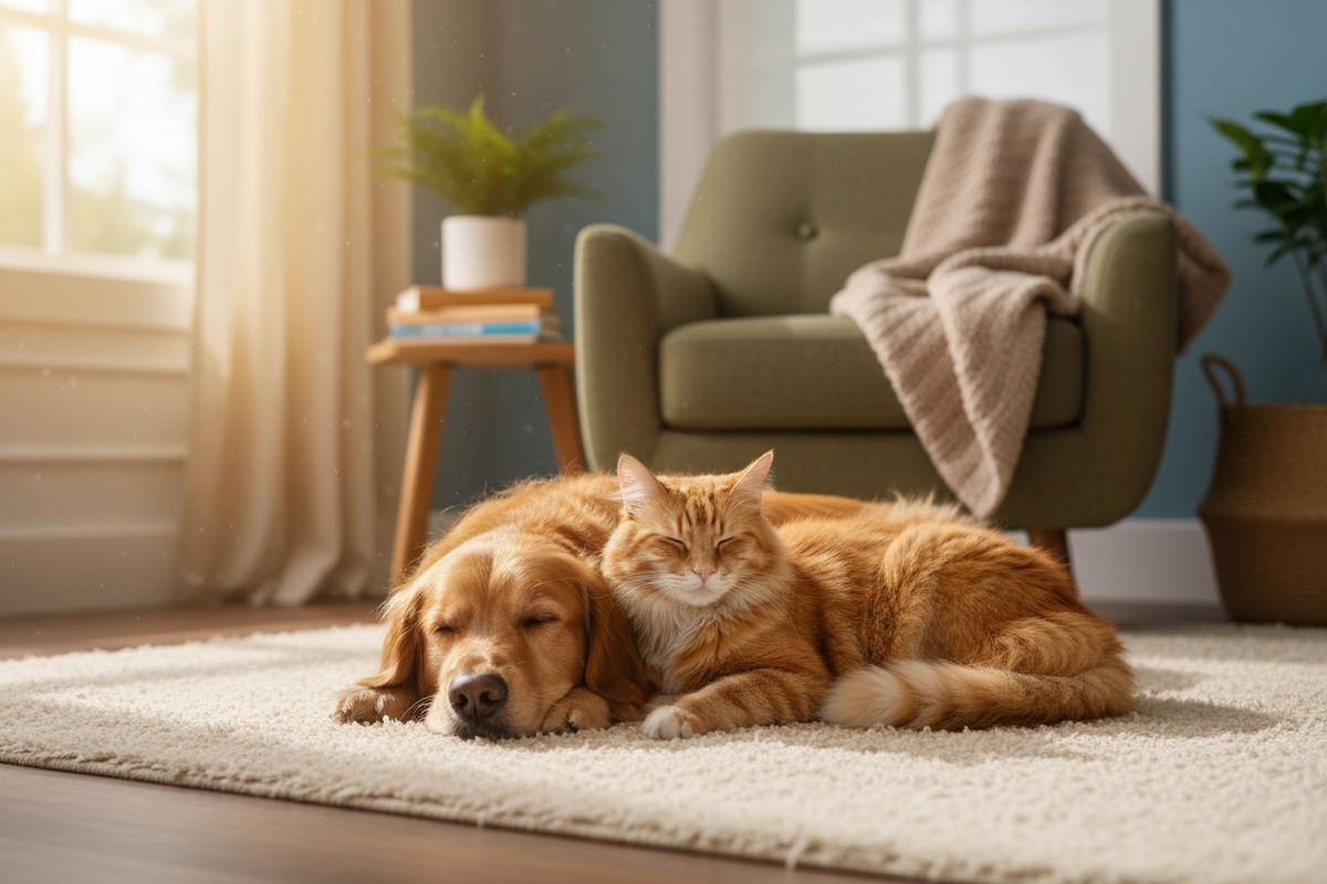 happy dog and cat lying at home 
